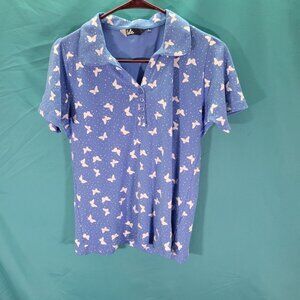 Isle Blue Butterfly Print Short Sleeve Polo Shirt S 100% Cotton